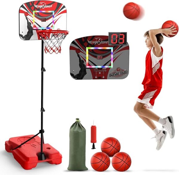 Eagles tone Kid Basketball Hoop Toddlers with LED Lights & Scoreboard, Basketball Hoop Adjustable Height 2.9ft-6ft, Mini Hoop Outdoor with 3 Balls,Basketball Toy Gifts for 3-12 Year Old Boys Girls