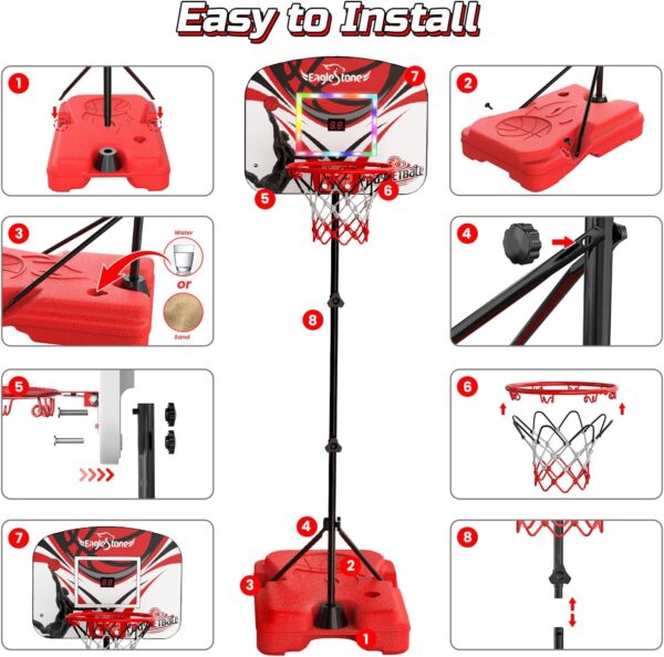 Eagles tone Kid Basketball Hoop Toddlers with LED Lights & Scoreboard, Basketball Hoop Adjustable Height 2.9ft-6ft, Mini Hoop Outdoor with 3 Balls,Basketball Toy Gifts for 3-12 Year Old Boys Girls - Image 2