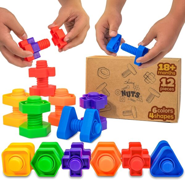 Skoolzy Plastic Nuts and Bolts 12 Piece - Kids Nuts and Bolts - Toddler Engineering Toys for 18+ Months - Screw Toys for Toddlers