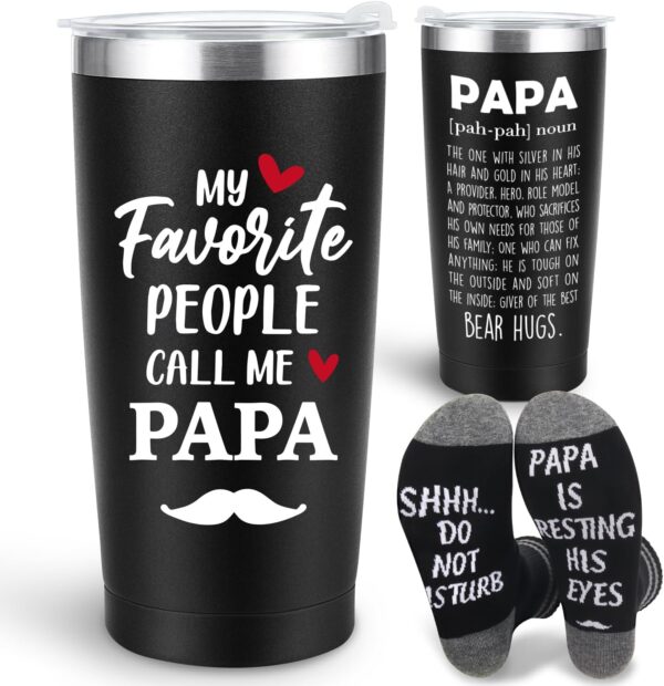 Papa Tumbler Cup Gifts for Grandpa Papa Christmas Gifts from Grandkids, Papa Grandparents Grandfather Gifts, Best Papa Gifts, Grandpa Grandma Grandfather Birthday Gifts, 20 oz Black Cup and Socks Set