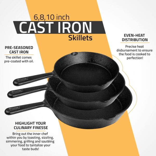 Utopia Kitchen Saute Fry Pan - Pre-Seasoned Cast Iron Skillet Set 3-Piece - Frying Pan - 6 Inch, 8 Inch and 10 Inch Cast Iron Set - Cooking Gift for Men & Women (Black) - Image 6