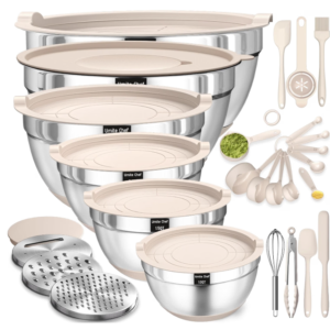 Mixing Bowls with Airtight Lids Set, 26PCS Stainless Steel Khaki Bowls with Grater Attachments, Non-Slip Bottoms & Kitchen Gadgets Set, Size 7, 4, 2.5, 2.0,1.5, 1QT, Great for Mixing & Serving