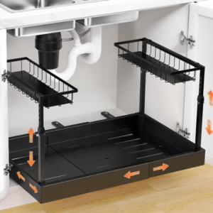 Under Sink Organizer, 2-Tier Slide Out kitchen Storage Metal Shelf, Black