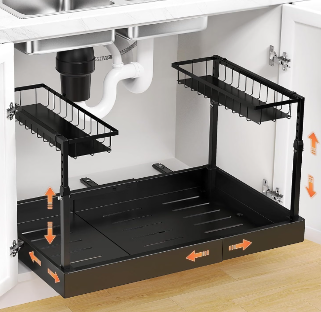 Under Sink Organizer, 2-Tier Slide Out kitchen Storage Metal Shelf, Black